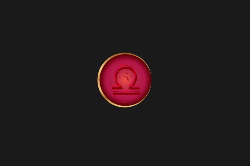 Ilustração do signo de Libra, em um círculo vermelho com borda dourada, sobre um fundo preto