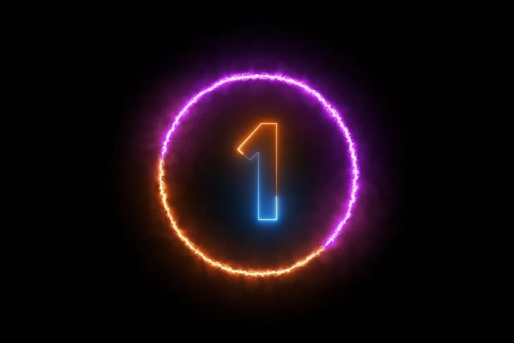 Ilustração do número um em neon colorido dentro de círculo neon colorido em fundo preto