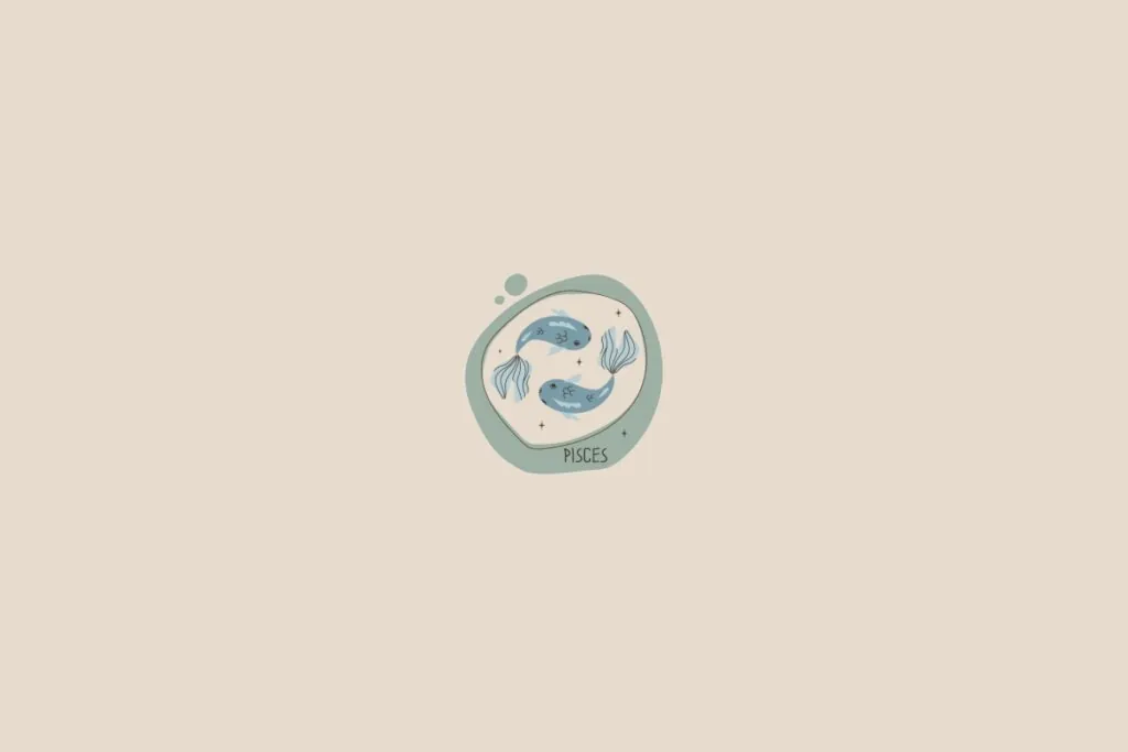 Ilustração do signo de peixes em um fundo bege-claro. Ao redor dele, há um círculo verde-claro e pequenas bolhas
