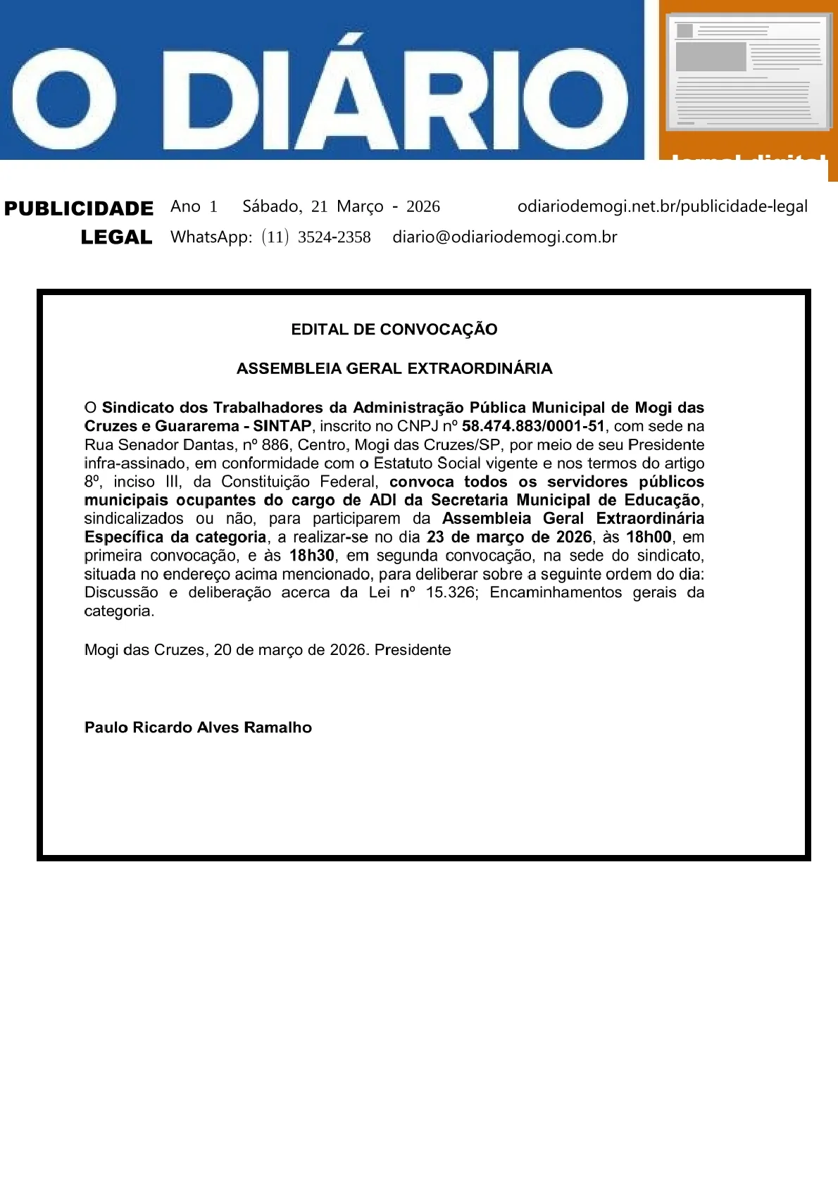 Sábado, 21 de Março 2026