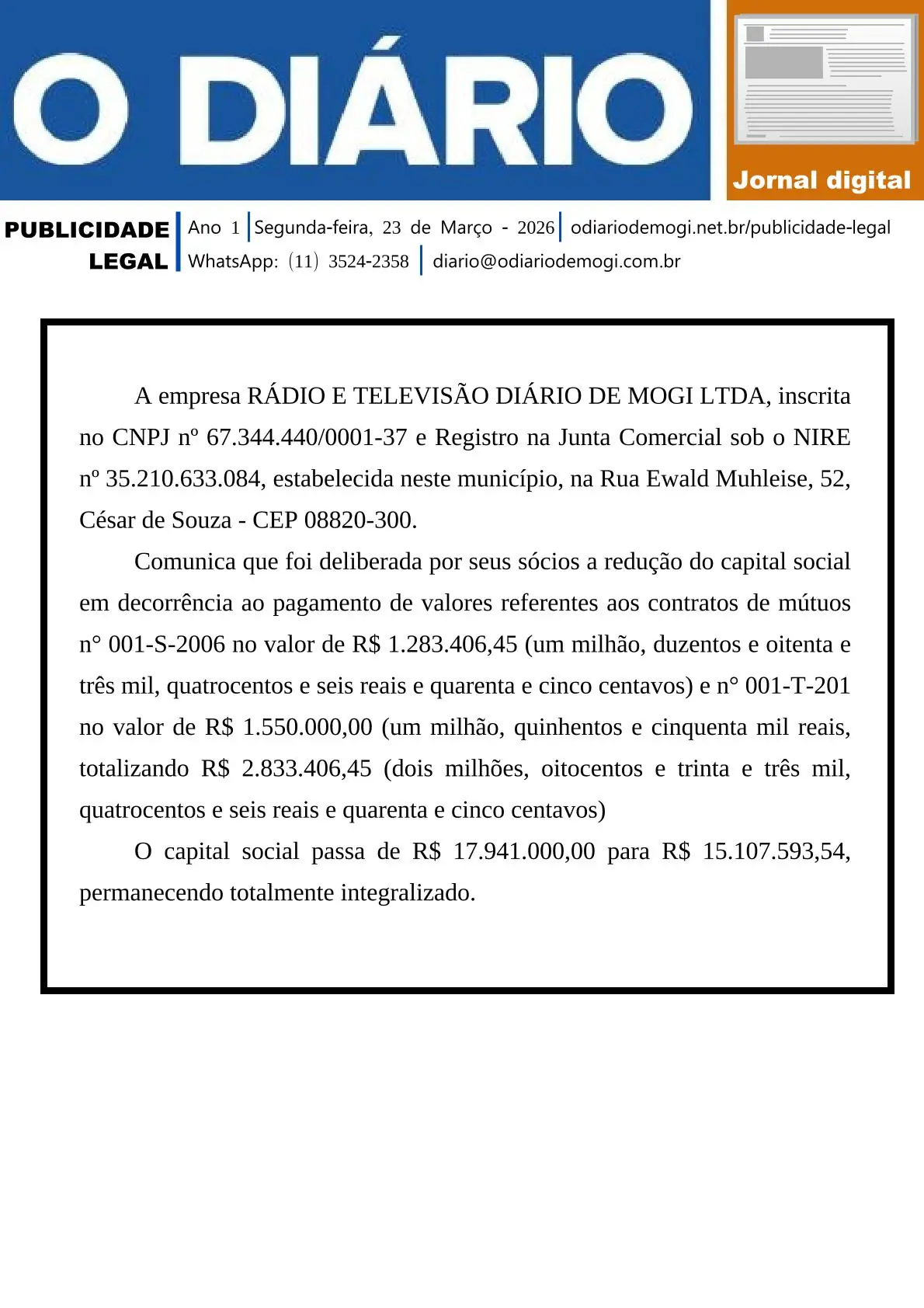 Segunda-feira, 23 de Março 2026