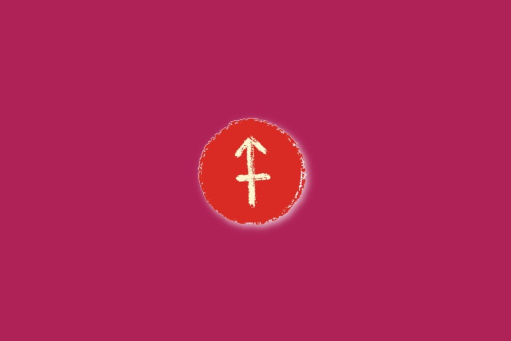 Ilustração do signo de sagitário, dentro de um círculo vermelho, sobre um fundo rosa