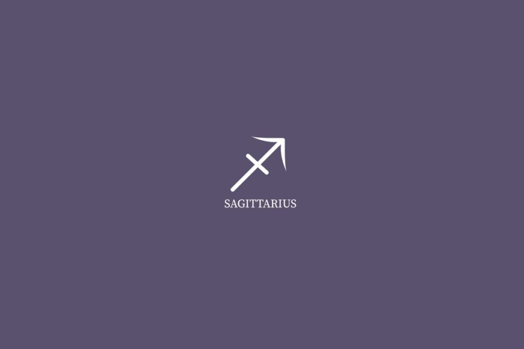 Ilustração do signo de sagitário, na cor branca e com o nome embaixo, centralizado em um fundo roxo