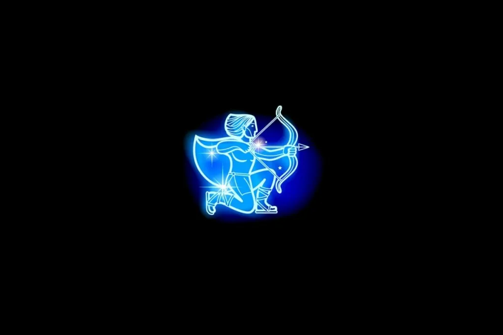 Ilustração do signo de sagitário em azul sobre um fundo preto