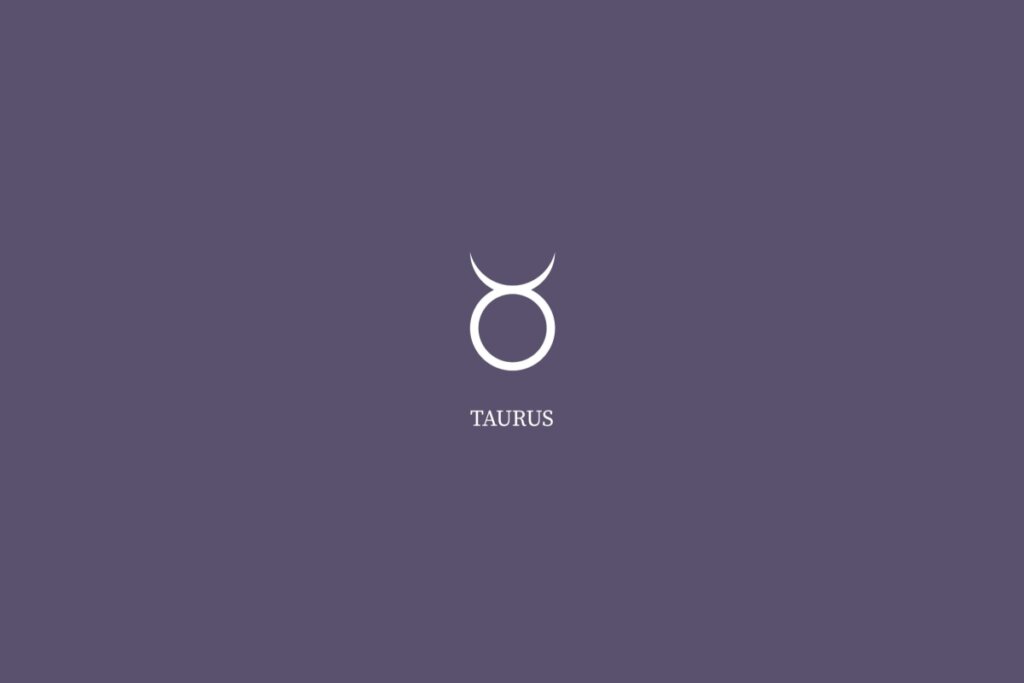 Ilustração do signo de touro, na cor branca e com o nome embaixo, centralizado em um fundo roxo