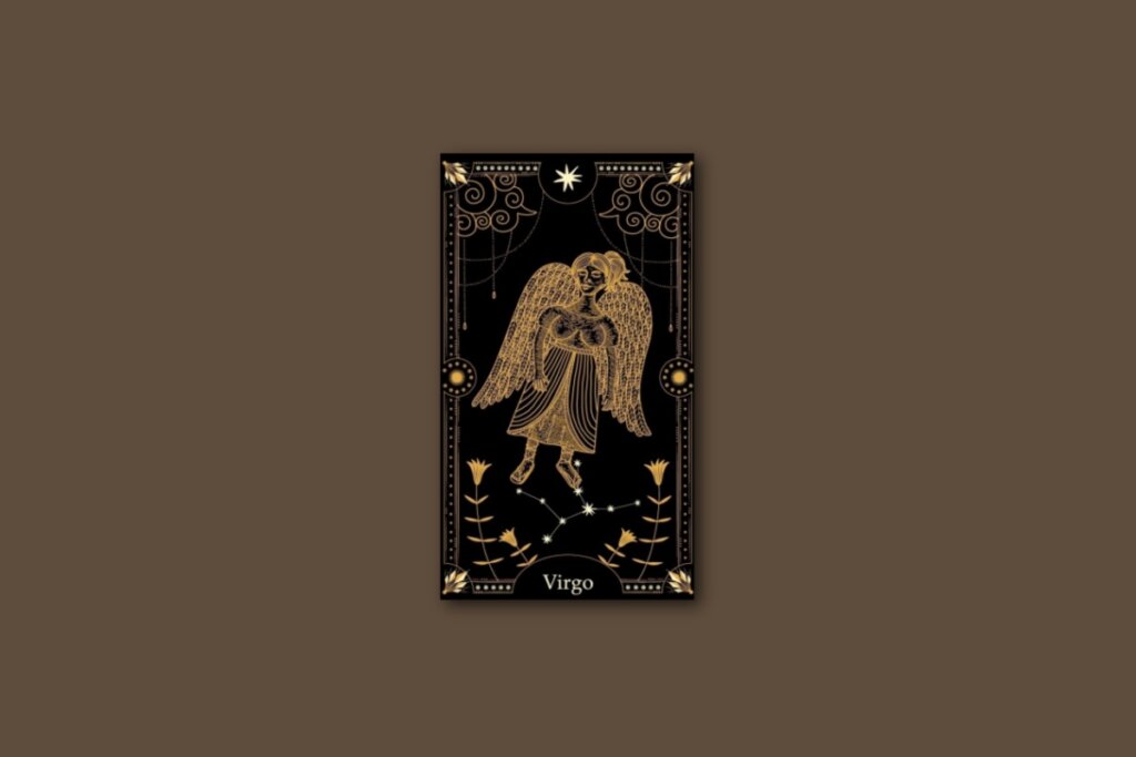 Ilustração de uma carta preta, com mulher com asas e desenho da constelação de Virgem, com borda dourada e estrelas