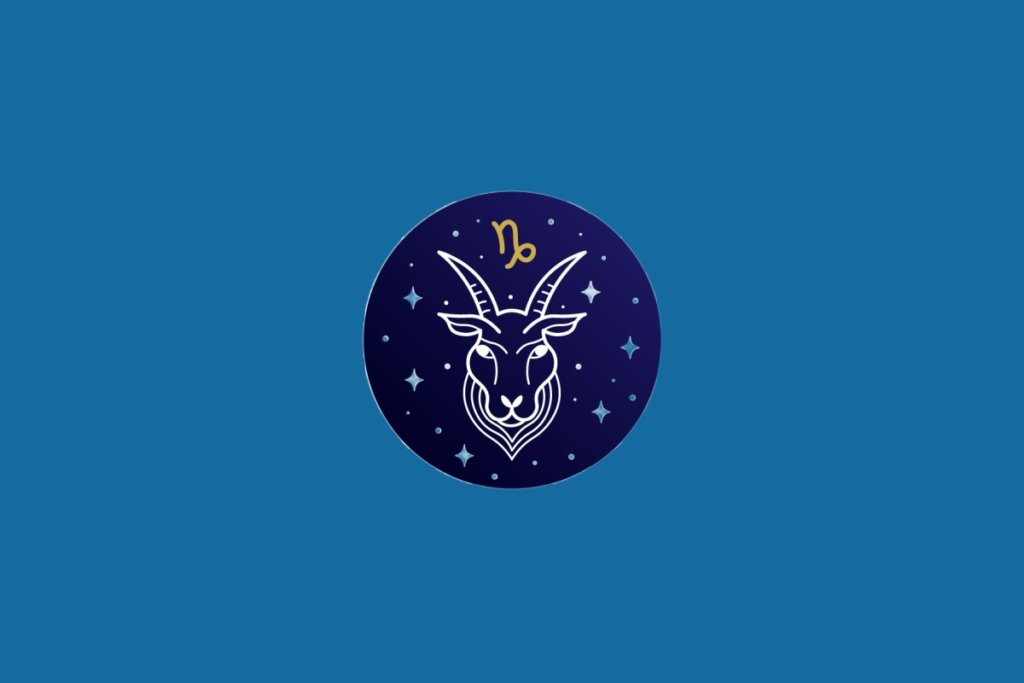 Ilustração do signo de Capricórnio, em fundo azul, contendo um círculo com a cabeça de uma cabra em linhas brancas e o símbolo do signo em dourado
