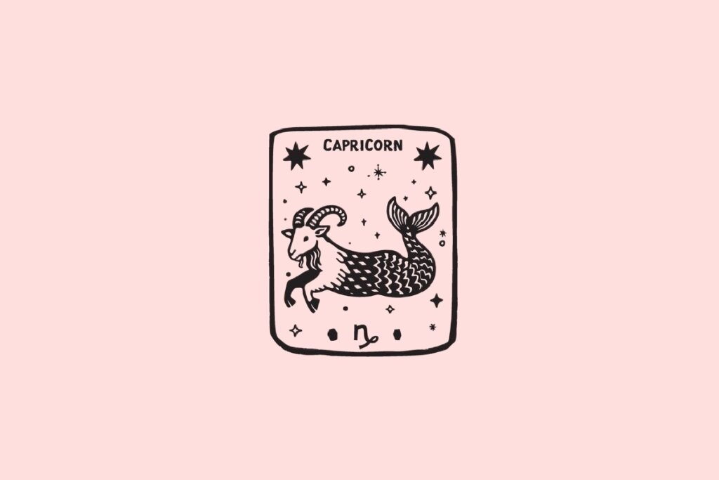 Ilustração do signo de Capricórnio, contendo uma criatura metade cabra metade peixe com escamas e estrelas ao redor, em fundo rosa-claro