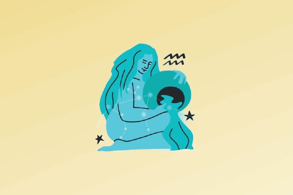 Ilustração de mulher em azul-esverdeado com constelação de Aquário segurando jarro jorrando água em fundo amarelo