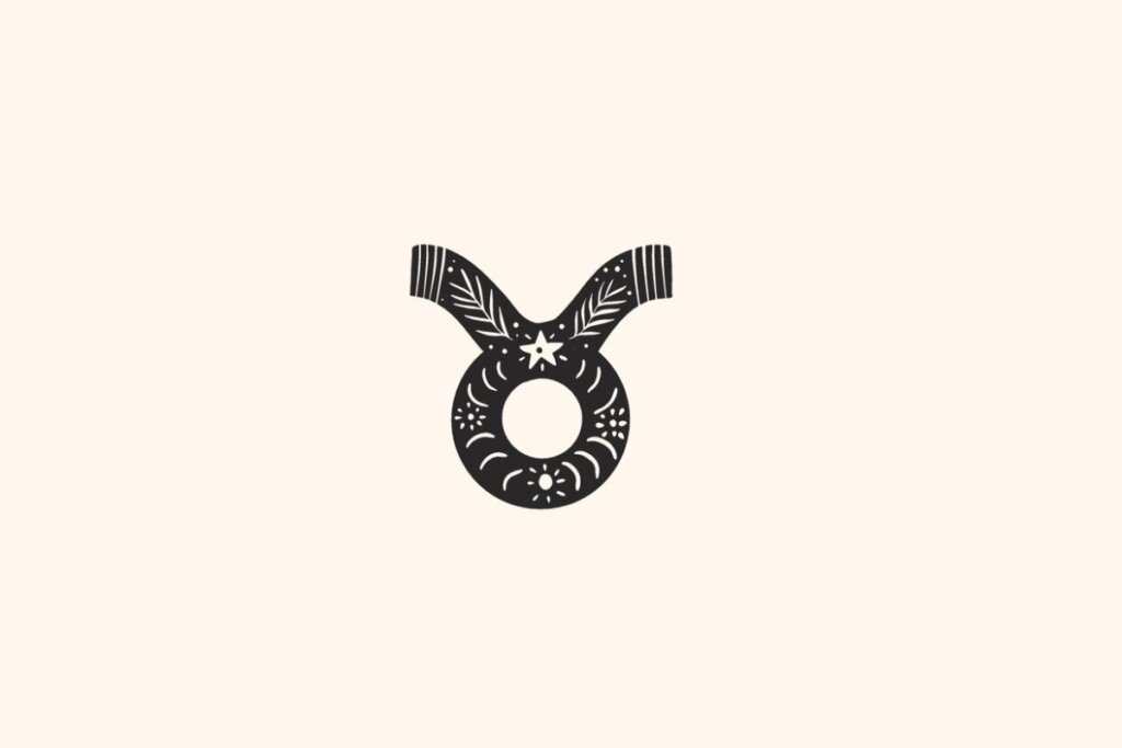 Ilustração do signo de Touro, contendo o símbolo do círculo com chifres em padrões com folhagens sobre fundo claro