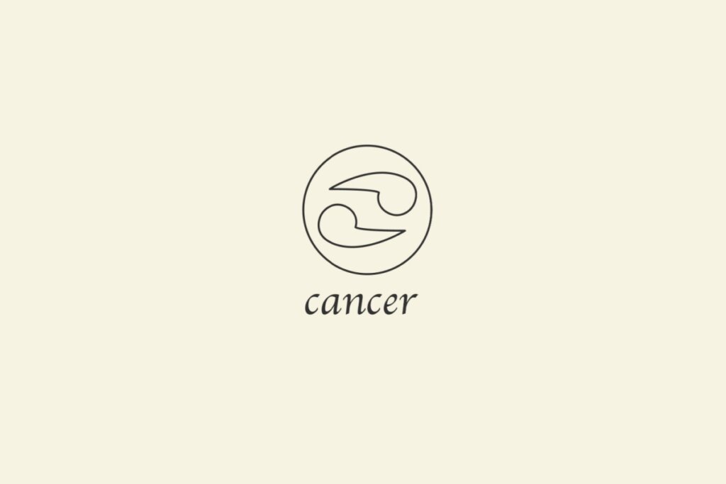 Ilustração do signo de Câncer, em fundo bege, contendo dois traços curvos em formato de garras opostas, com círculos nas extremidades
