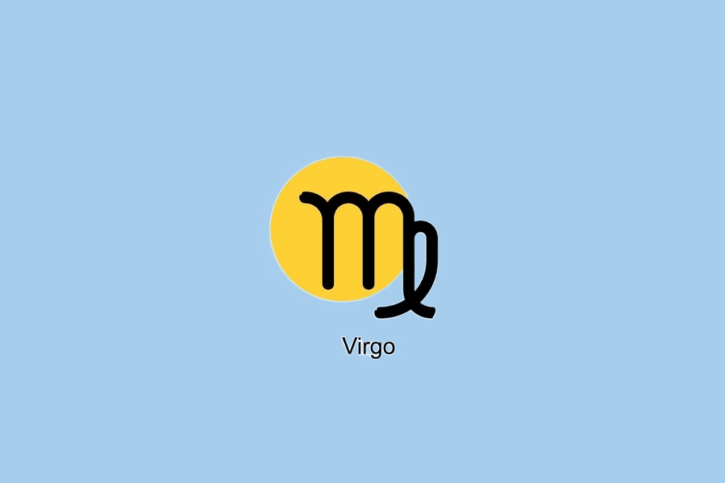 Símbolo do signo de Virgem ao lado de círculo amarelo em fundo azul claro