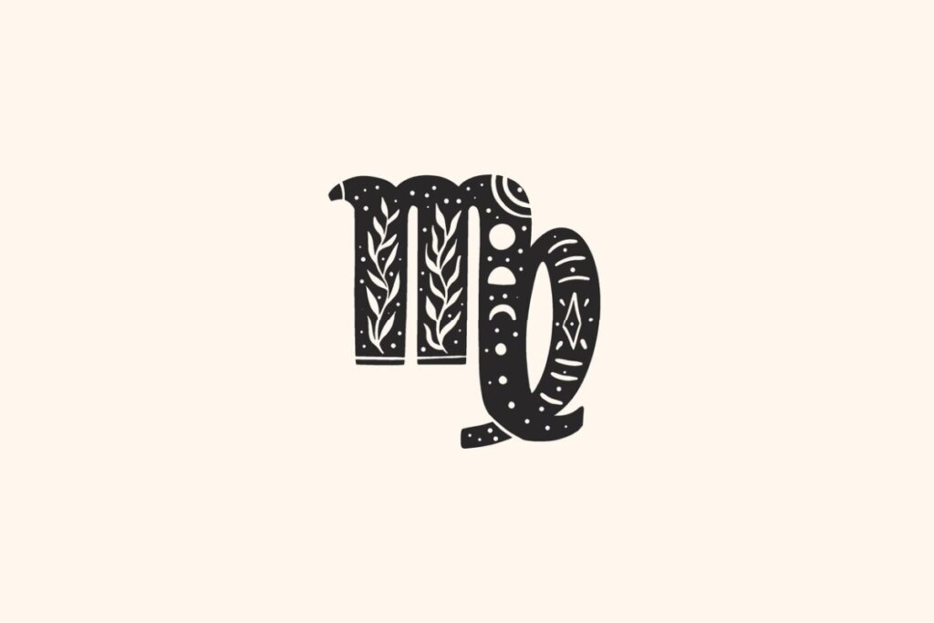 Ilustração do signo de Virgem, contendo o símbolo do M com curva final e detalhes de folhas, luas e estrelas sobre fundo claro