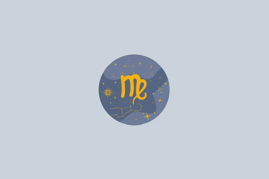 Ilustração do signo de Virgem, contendo o símbolo dourado em forma de letra M com detalhe encurvado, em fundo cinza-claro