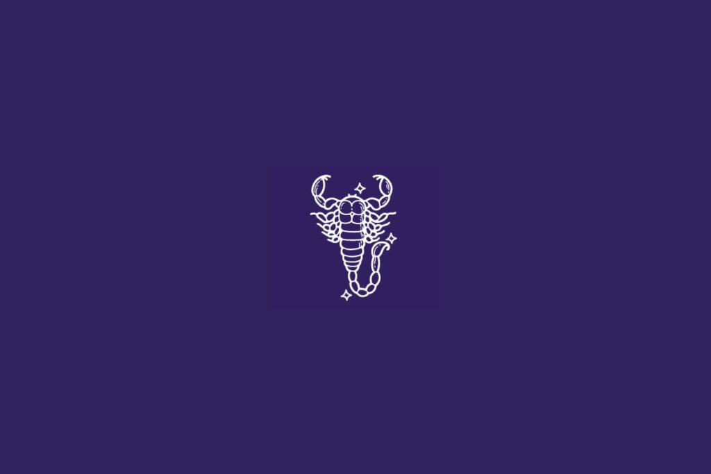 Ilustração do signo de Escorpião em branco em um fundo roxo