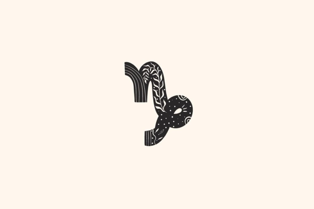 Ilustração do signo de Capricórnio, contendo o símbolo da letra N com cauda curva e detalhes de folhagens sobre fundo claro