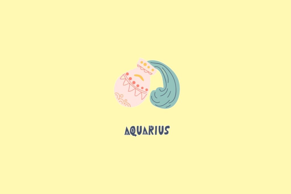 Ilustração de um vaso de cerâmica rosa decorado com padrões geométricos, vertendo água em tons de azul. O fundo é amarelo claro e, na base, lê-se o nome "AQUARIUS".