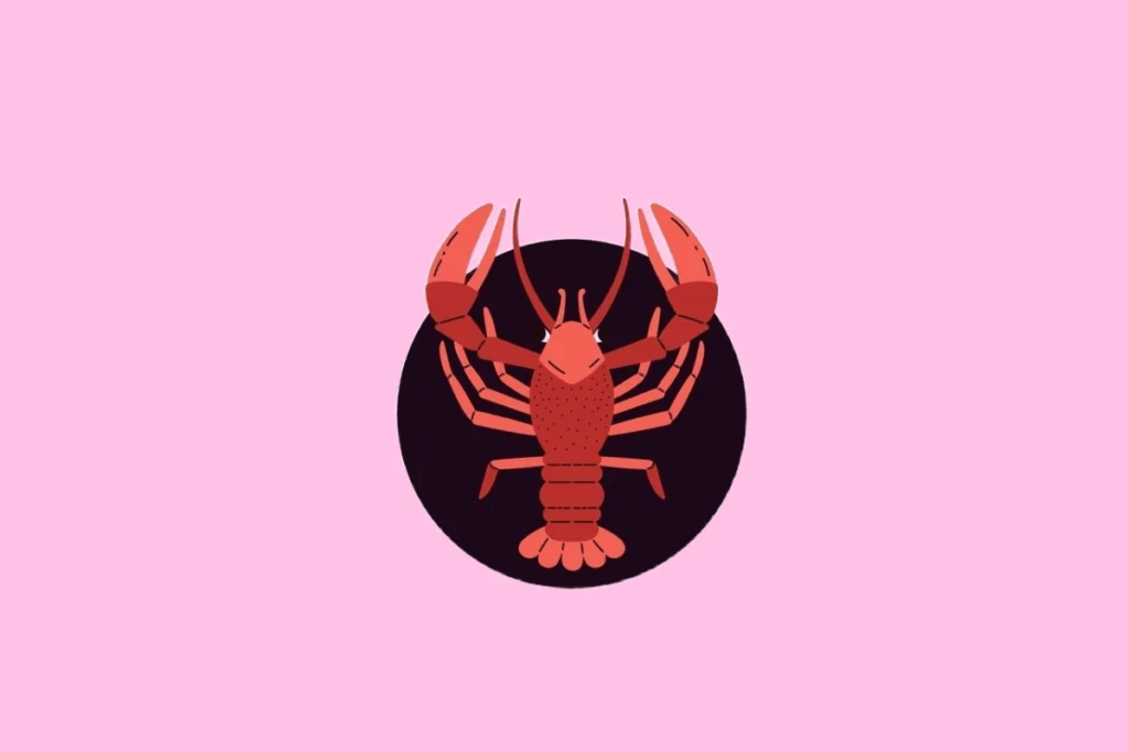 Ilustração estilizada de um caranguejo de cor vermelha vibrante, vista de cima, com garras e patas detalhada, em um fundo rosa