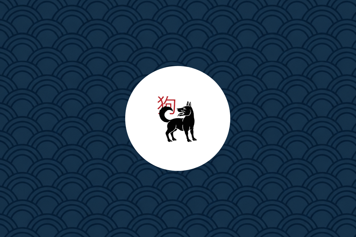 lustração de um cachorro preto com a cauda erguida e língua para fora, dentro de um círculo branco. À esquerda do cão, está o caractere chinês para cão (狗) em vermelho. O fundo possui um padrão de ondas orientais em tons de azul.