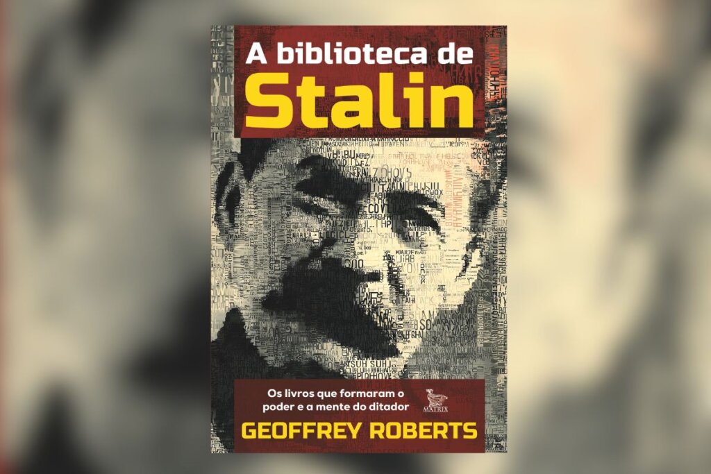 Capa do livro "A biblioteca de Stalin", com a foto do Stalin em preto e branco e o nome do livro acima