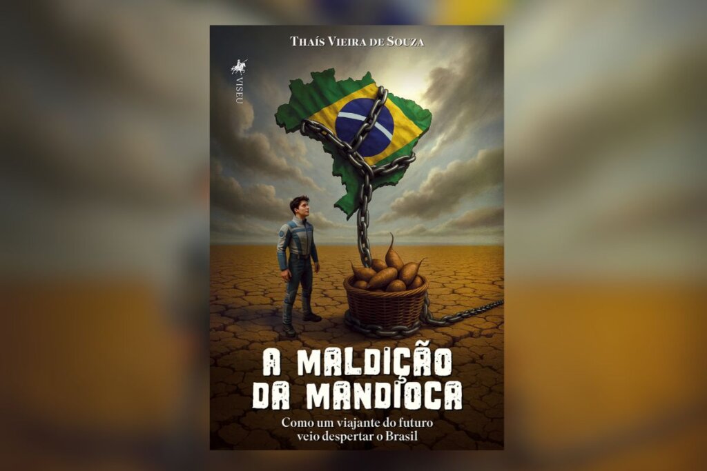 Capa do livro " A maldição da mandioca", com a ilustração de um homem ao lado de um cesto com mandiocas preso ao Brasil