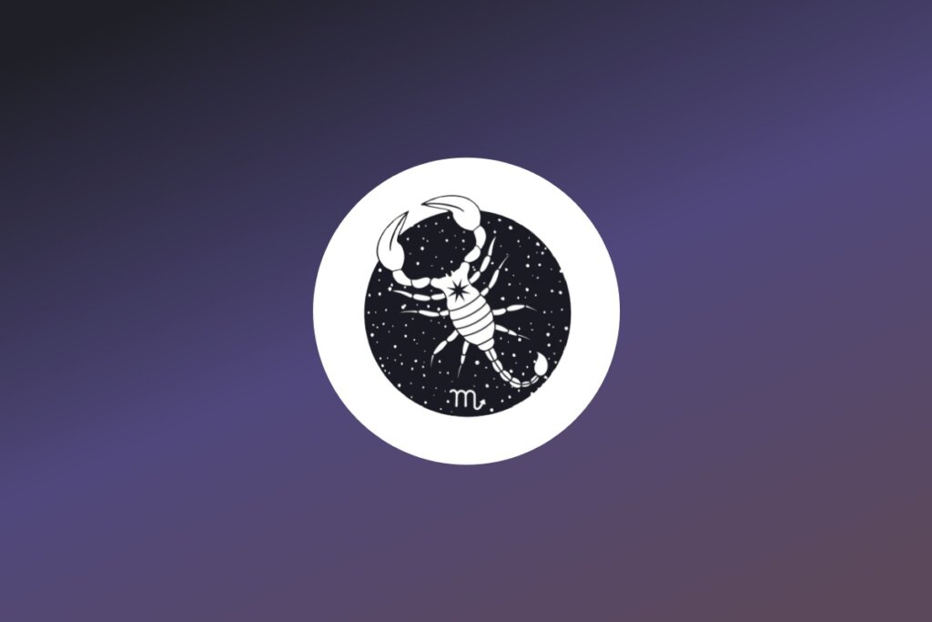Ilustração detalhada em preto e branco de um escorpião visto de cima, dentro de um círculo com fundo estrelado e o símbolo astrológico correspondente abaixo. A arte está centralizada em um fundo com gradiente roxo.