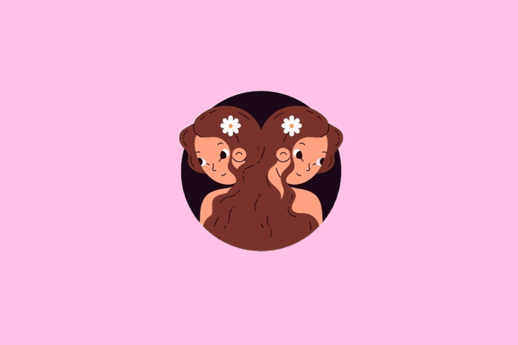Ilustração de duas mulheres idênticas, de perfil e costas uma para a outra, com cabelos castanhos presos e uma flor branca em cada lado. A imagem está centrada em um fundo rosa