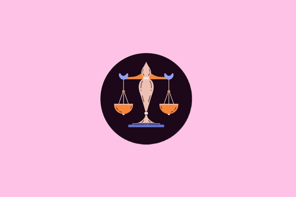 Ilustração de uma balança de pratos equilibrada, em tons de bege, laranja e azul, com um eixo central estilizado, em um fundo rosa