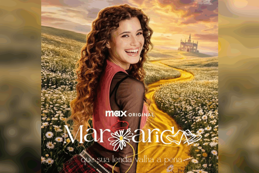 Jovem de cabelos cacheados sorrindo diante de um campo de margaridas com um castelo ao fundo