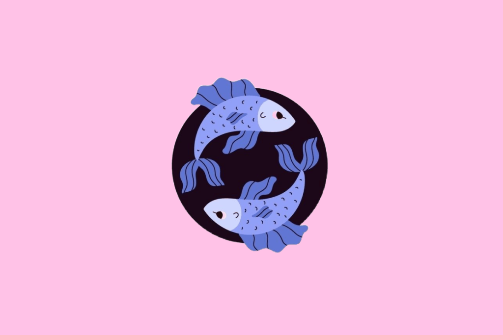 Ilustração de dois peixes azuis nadando em direções opostas, formando um círculo, com detalhes em tons de lilás e barbatanas fluidas. A imagem está centrada em um fundo rosa