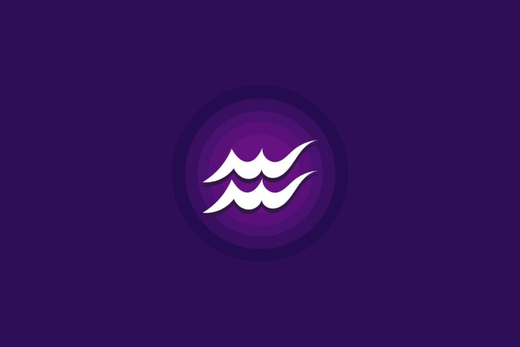 Um símbolo do signo de Aquário em branco aparece no centro de um fundo roxo, com um efeito circular em tons mais claros ao redor