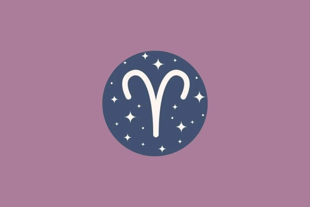 Ilustração do signo de áries em um círculo azul com estrelas e em um fundo roxo