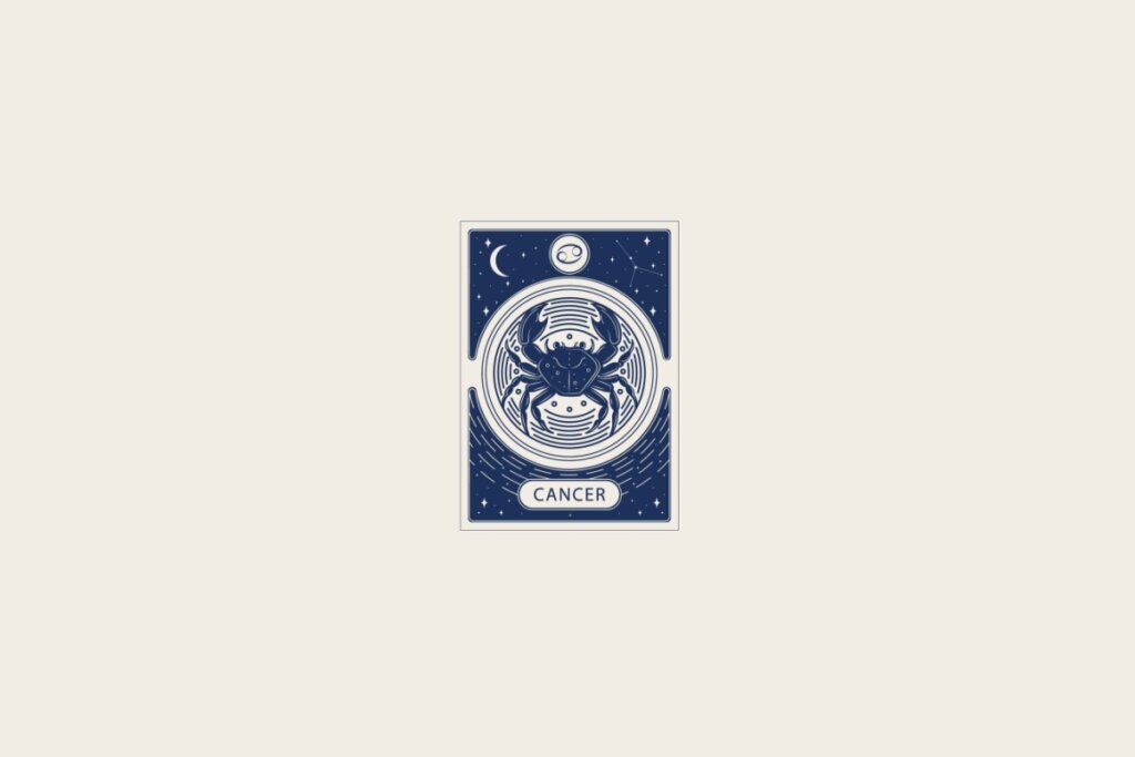 Ilustração do signo de Câncer em azul dentro de uma carta e com fundo bege-claro