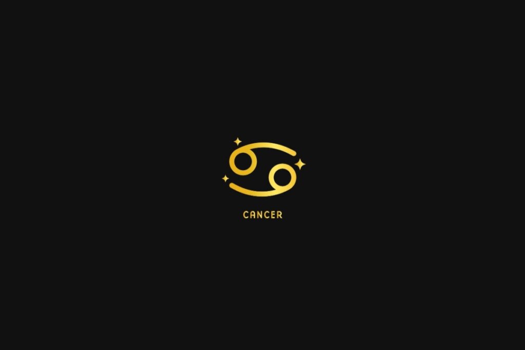 Ilustração do signo de câncer em dourado, sobre um fundo preto, com estrelas ao redor