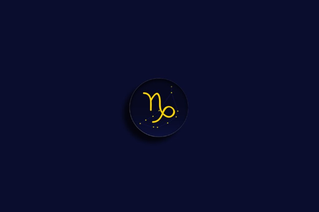 Ilustração do signo de capricórnio em amarelo sobre um fundo azul-escuro