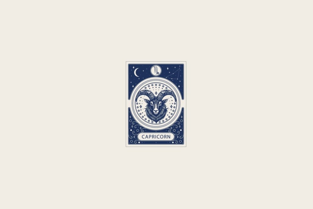 Ilustração do signo de Capricórnio em azul dentro de uma carta e com fundo bege-claro
