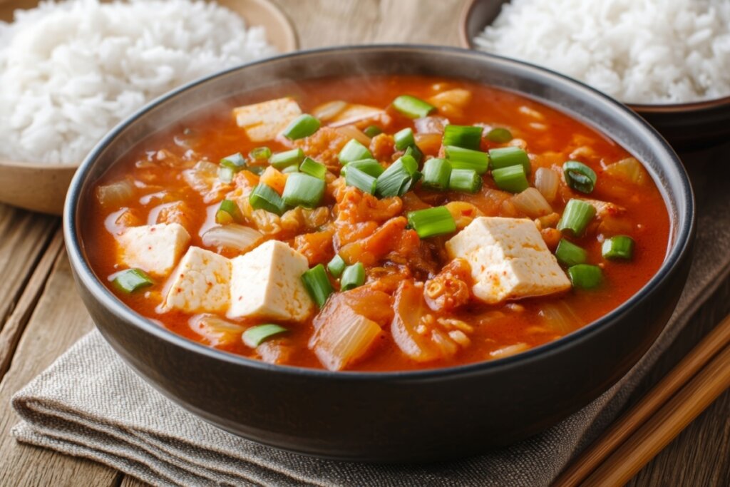 Ensopado de tofu com legumes servido em tigela funda preta em cima de mesa de madeira