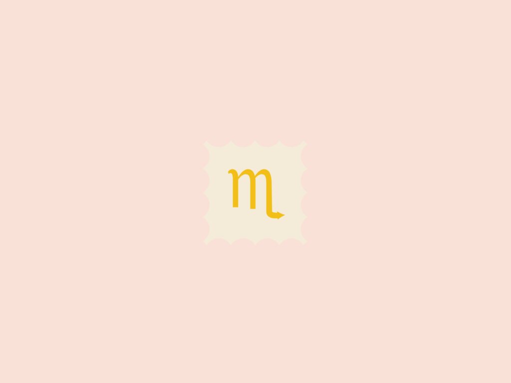 Ilustração do signo de escorpião, dentro de um quadrado bege, em um fundo rosa-claro