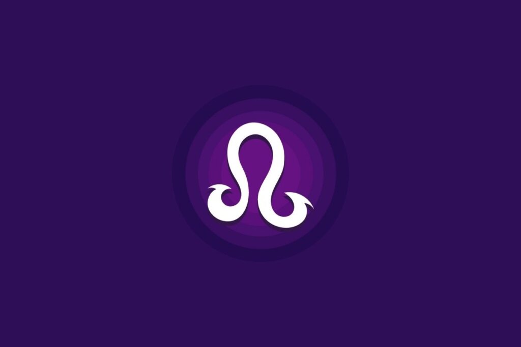 Um símbolo do signo de Leão em branco aparece no centro de um fundo roxo, com um efeito circular em tons mais claros ao redor