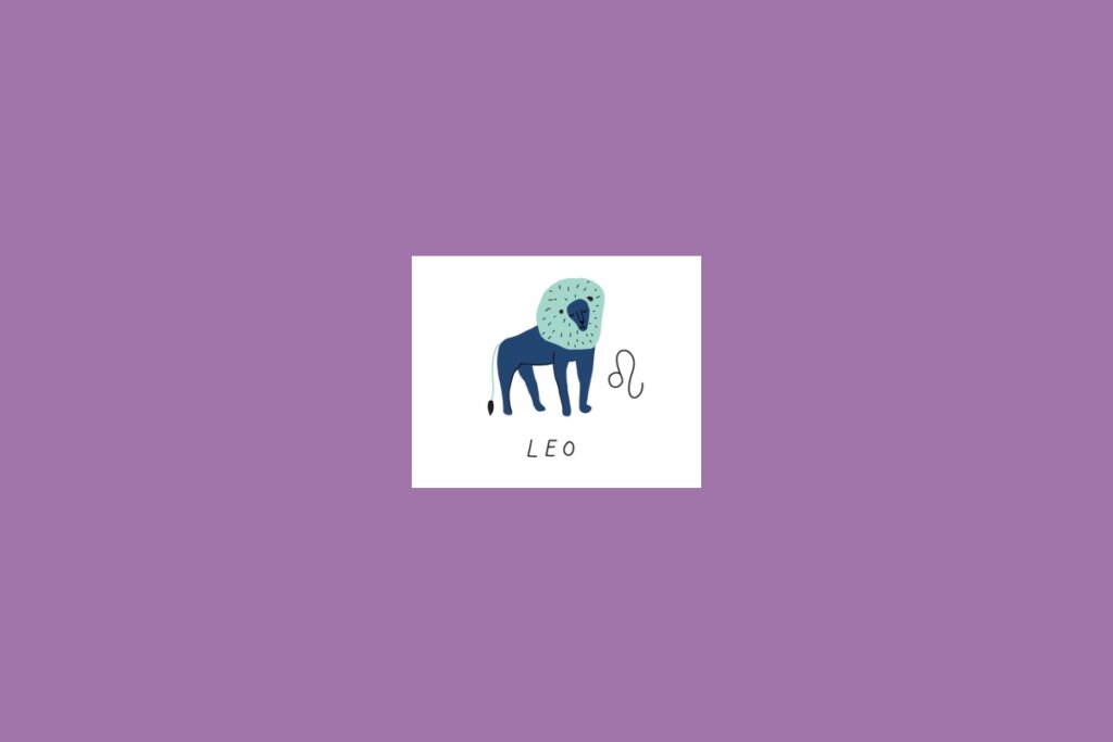 Ilustração de um leão azul dentro de um quadrado branco sobre um fundo roxo