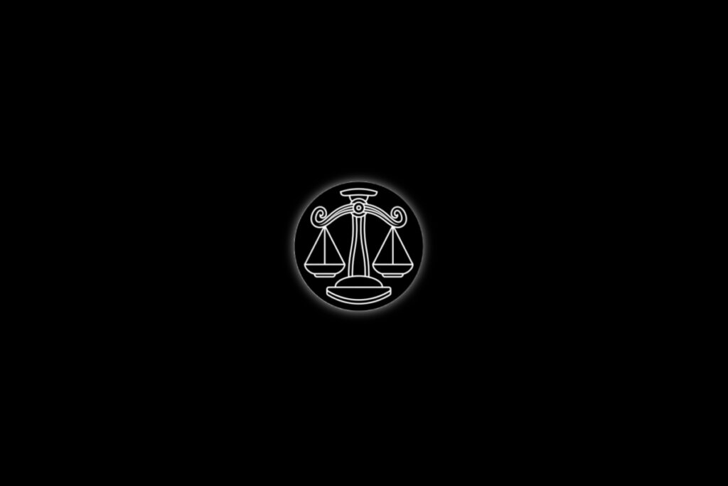 Ilustração de uma balança branca, representando o signo de libra, em um fundo preto