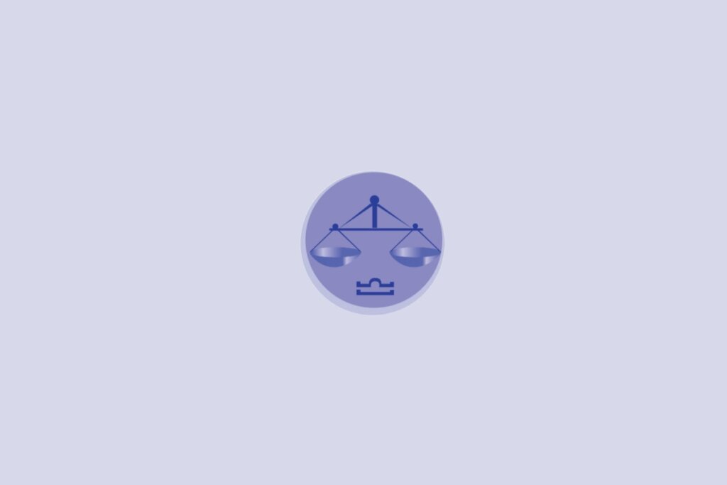 Imagem com ilustração do signo de Libra, representado por uma balança estilizada em tons de azul dentro de um círculo sobre fundo claro