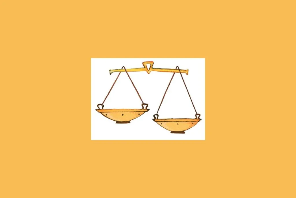 Uma ilustração simples de uma balança, representando o signo de Libra, sobre um fundo claro cercado por um tom alaranjado