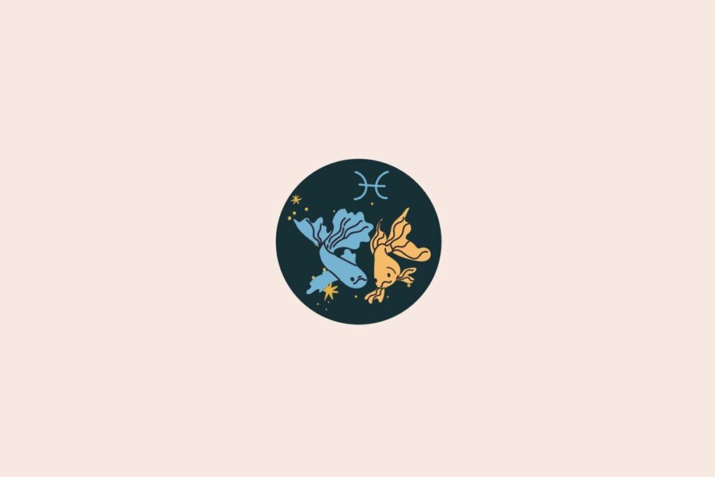 Um desenho de dois peixes representando o signo de Peixes, dentro de um círculo, com fundo escuro e pequenos elementos que lembram estrelas