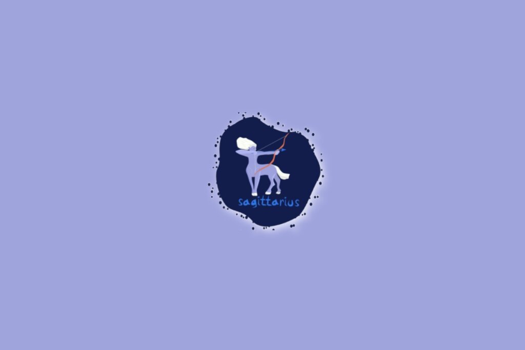 Imagem com um fundo lilás e, no centro, um desenho representando o signo de Sagitário, com a palavra “sagittarius” abaixo