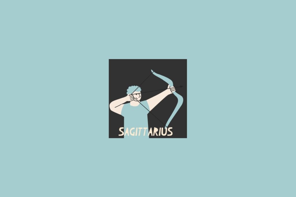 Ilustração do signo de Sagitário, com a figura de um homem com flecha em fundo escuro e o nome “Sagittarius” escrito abaixo, sobre fundo azul-claro