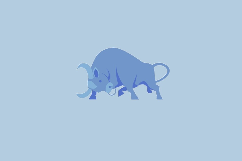 Ilustração do signo Touro, representado por um touro robusto com chifres curvados e corpo em tons de azul sobre fundo claro.