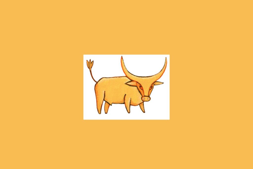 Uma ilustração simples de um touro estilizado, representando o signo de Touro, sobre um fundo claro cercado por um tom alaranjado