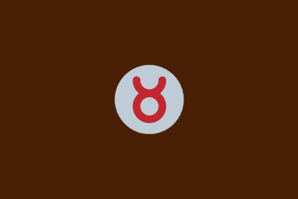 Ilustração do signo de Touro com símbolo vermelho em forma de círculo com dois chifres voltados para cima, sobre fundo cinza e marrom-escuro