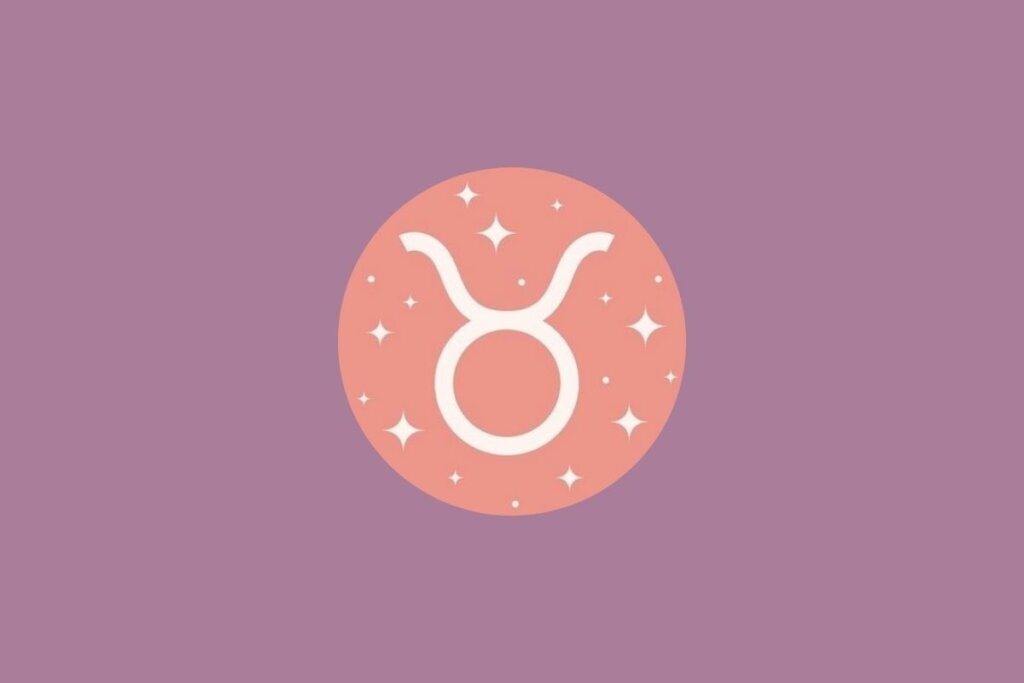 Ilustração do signo de touro em um círculo rosa com estrelas e em um fundo roxo